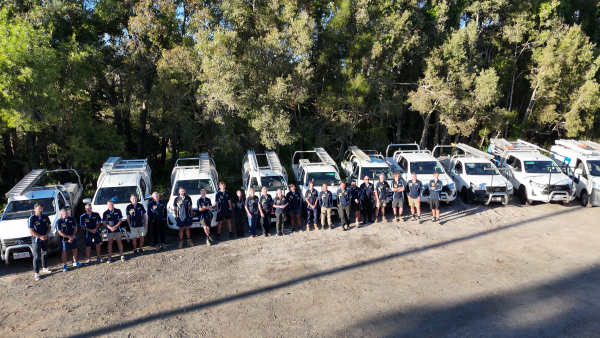 The Bones Plumbing &amp;amp;amp;amp;amp;amp; Roofing team standing in front of their branded vehicles on the Sunshine Coast.