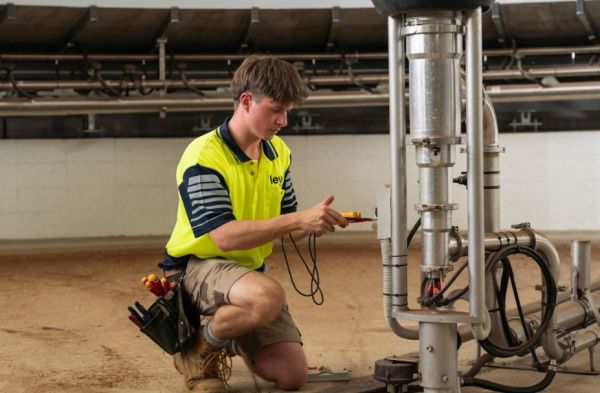 Level Electrical Ashburton technician testing electrical systems at dairy shed in Banks Peninsula
