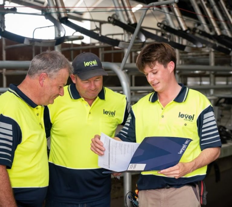 Level Electrical Ashburton team reviewing project plans at dairy shed installation in Banks Peninsula