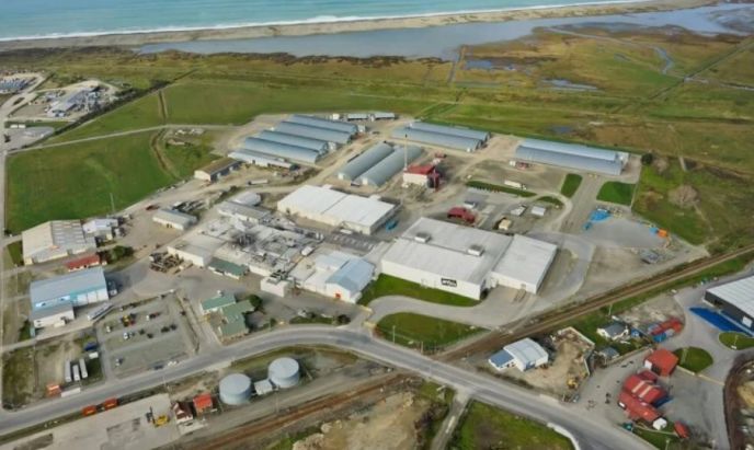 Aerial view of McCain food processing facility in Timaru, New Zealand showing site infrastructure and plant layout